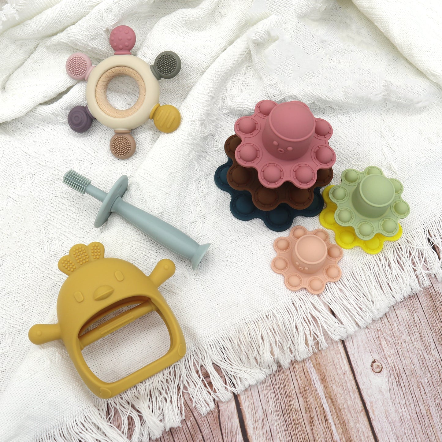 Set of 4 Silicone Teething and Stacking Toys
